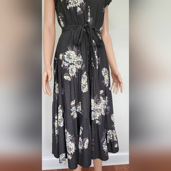 FREE PEOPLE RUFFLE FRILL BELTED FLORAL CAP SLEEVES BUTTONS MIDI DRESS SZ.4 - Picture 2 of 15